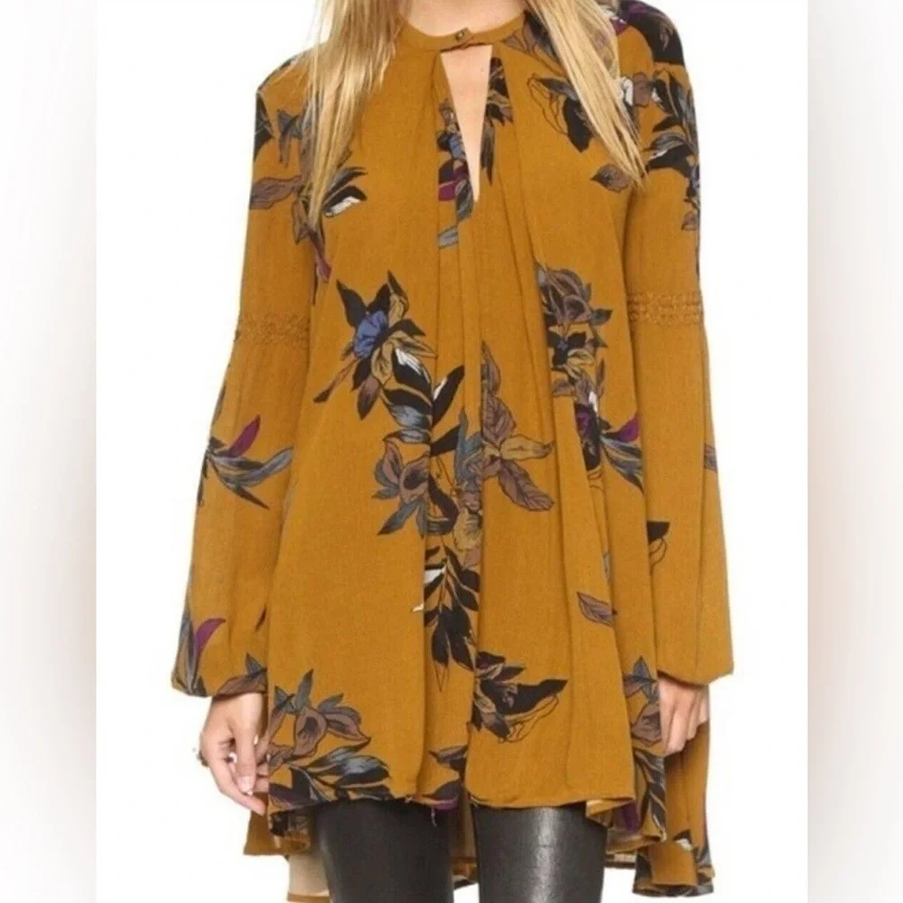 Free People Amber Floral Tree Swing Balloon Sleeve Boho Tunic Mini Dress XS
